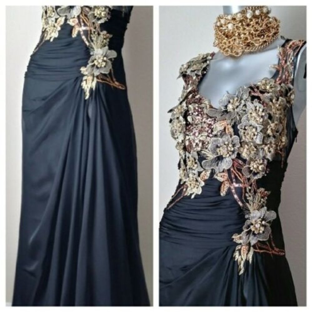 Women's Formal Embroidery Rhinestones beaded Long Evening Gown prom dress - Picture 4 of 5